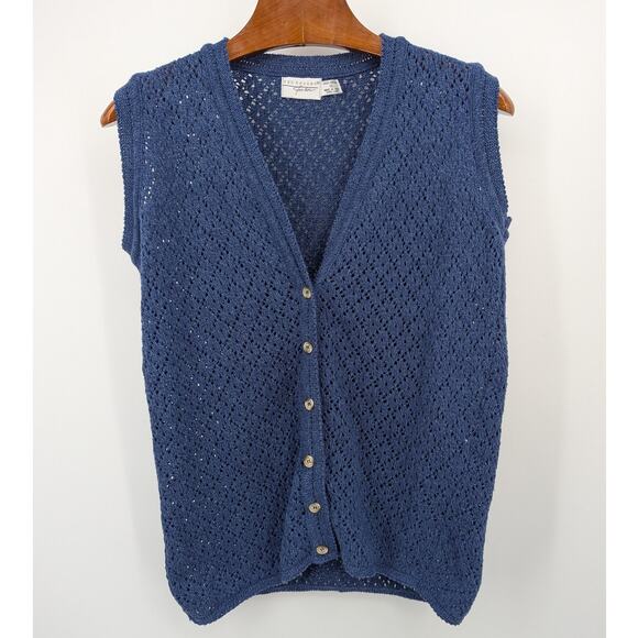 NWOT Vintage Van Heusen Sweater Vest XL USA Made Blue Open Knit 100% Cotton 90s - Picture 1 of 4